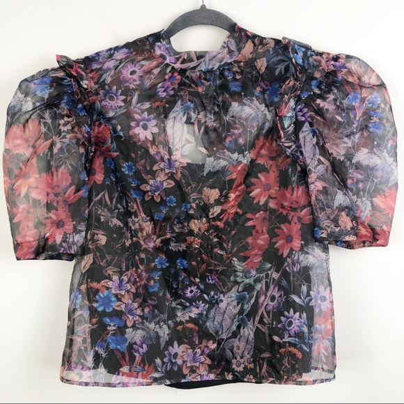 ANTHROPOLOGIE | MAEVE Floral Organza Puff Sleeve Blouse Women’s Size Medium - Picture 5 of 13